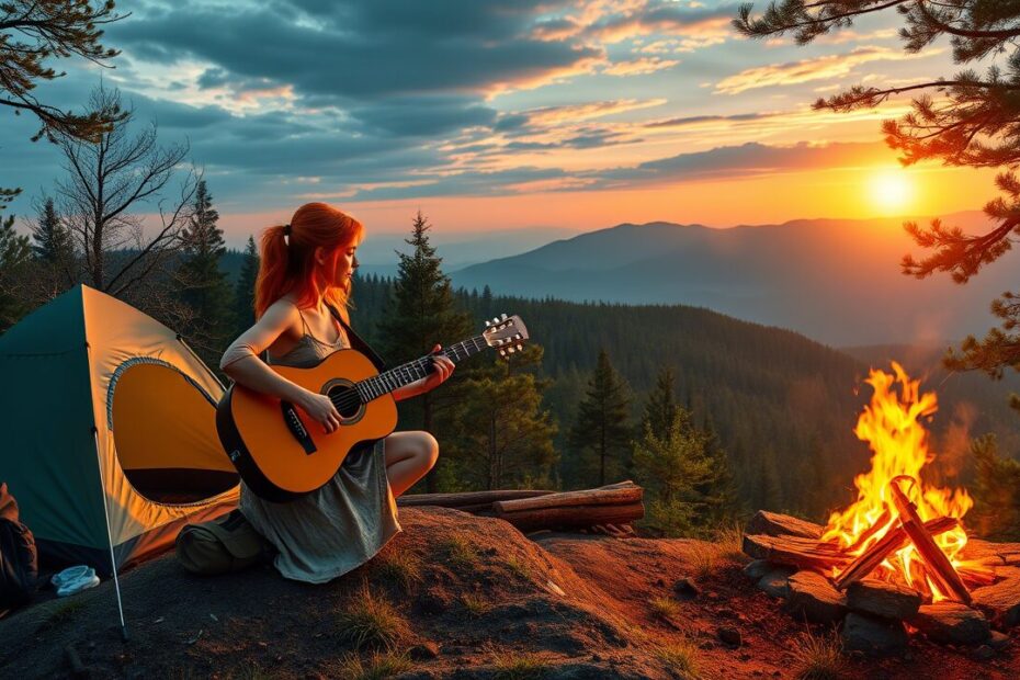 поход в лес костер палатка гитара